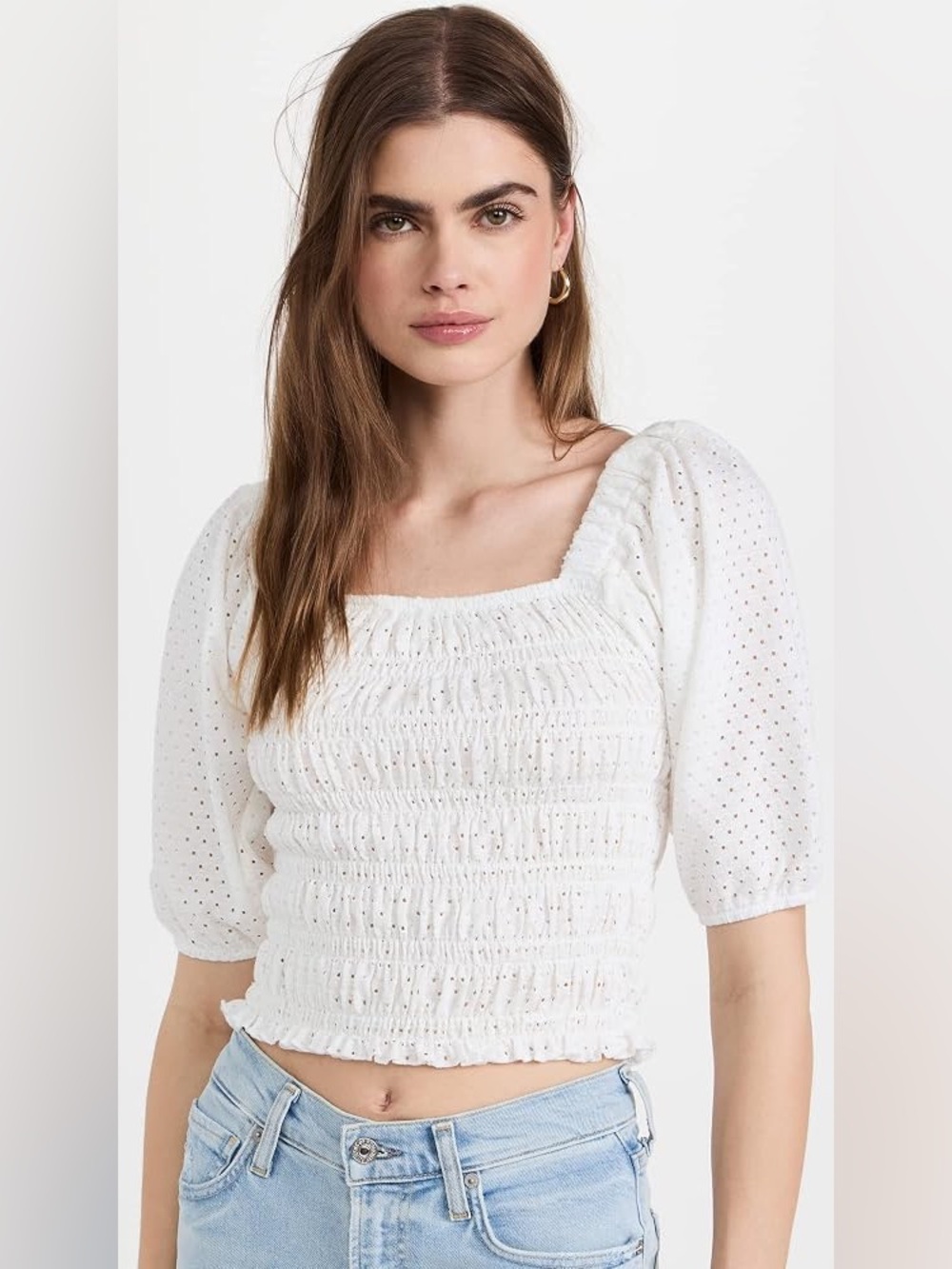STEVE‎ MADDEN Smock My Way Eyelet Top Large White Puff Sleeve Crop Cottagecore